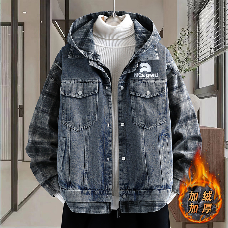 秋冬款假两件牛仔外套男青少年加绒加厚牛仔褂夹克男潮牌保暖棉服 M 黑色