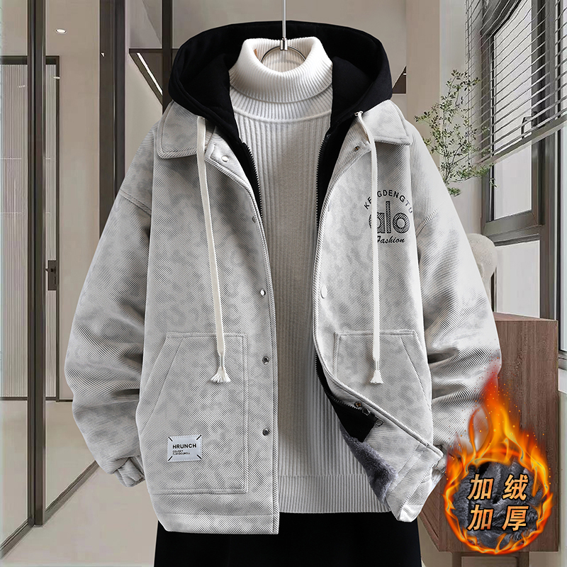 秋冬季加绒加厚外套男士2025新款青少年假两件棉衣服夹克潮流学生 M 米白色
