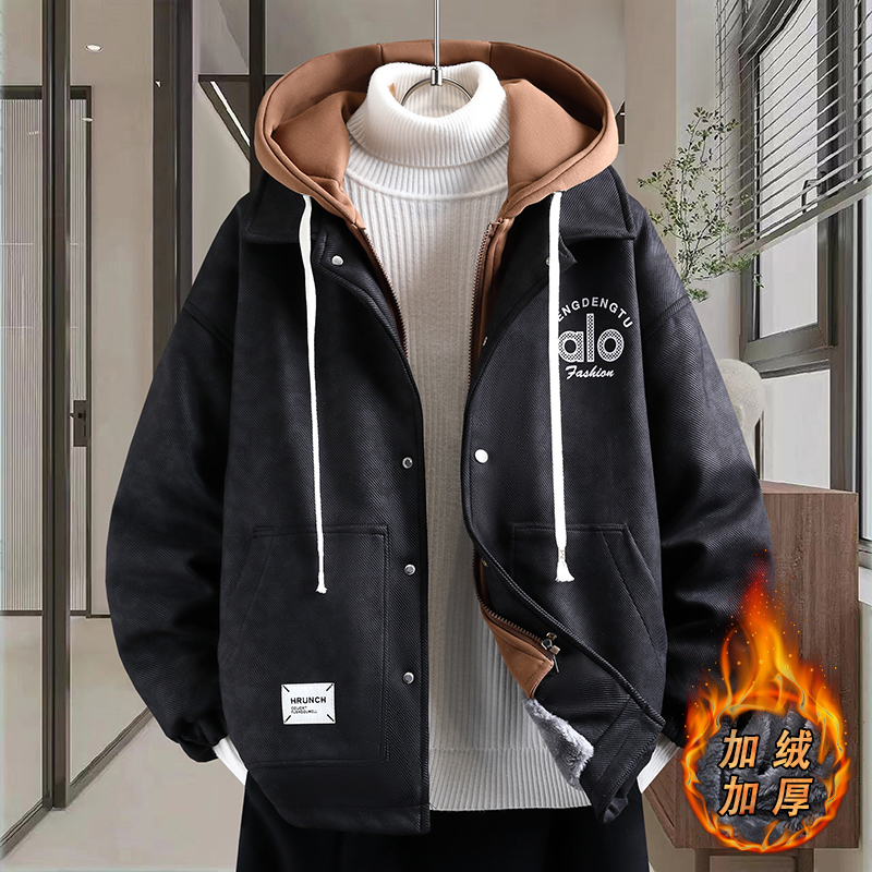 假两件连帽外套男秋冬季加绒加厚夹克男宽松冬装上衣保暖防寒服潮 M 米白色