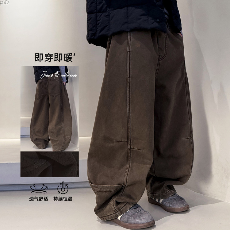 金多多&LBDK8949裤脚贴布包边加绒牛仔裤 120cm 深咖色