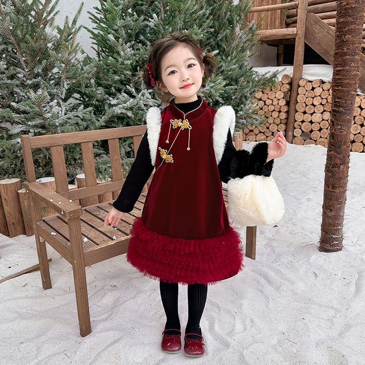 明新美童&0053款新中式旗袍年服马甲裙套装 90cm 安哥拉红马甲裙