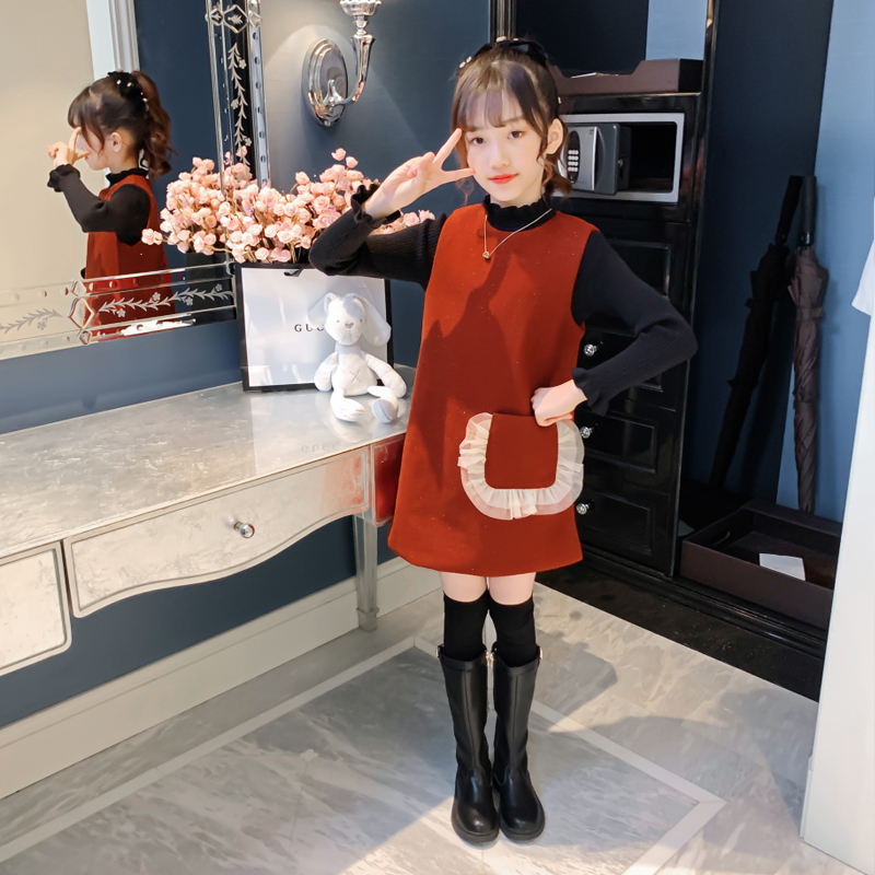 悦贝兔&女童红色毛呢背心裙