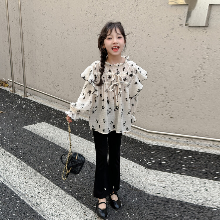 悦贝兔&9011女童碎花衬衫喇叭裤套装