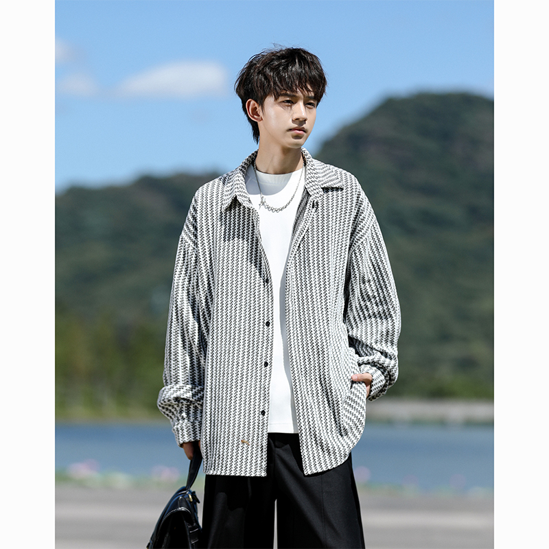 8XL-M鱼骨纹小香风衬衫男生春秋衬衣宽松慵懒垂感外套CS29009P45 M 白色