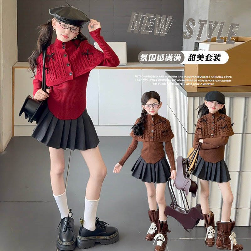 雅琪&25Q15披肩两件套毛衣套装 120cm 红色毛衣