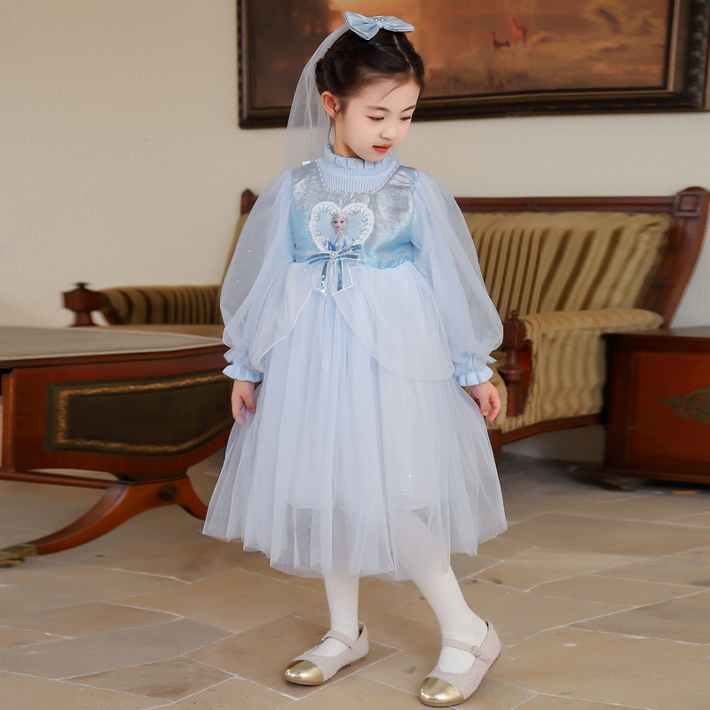 头纱公主裙时尚艾莎泡泡袖公主裙