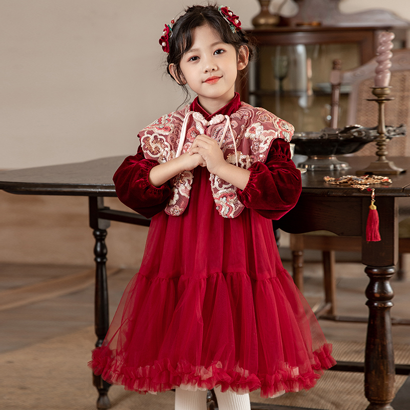 秋冬新款儿童长袖女孩汉服中国风旗袍云肩加绒公主裙