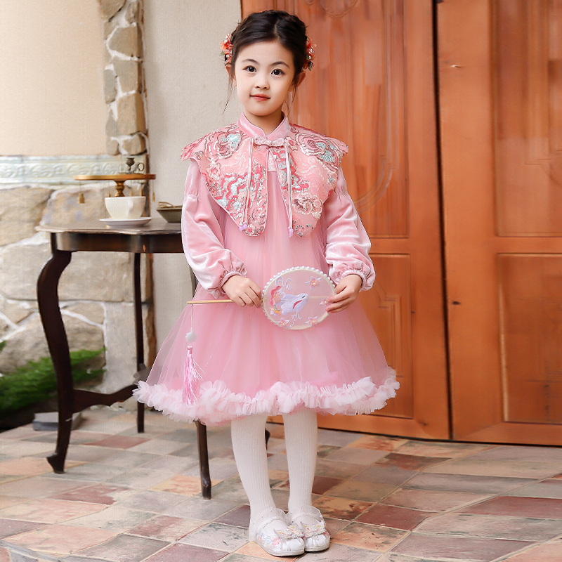 秋冬新款儿童长袖女孩汉服中国风旗袍云肩加绒公主裙