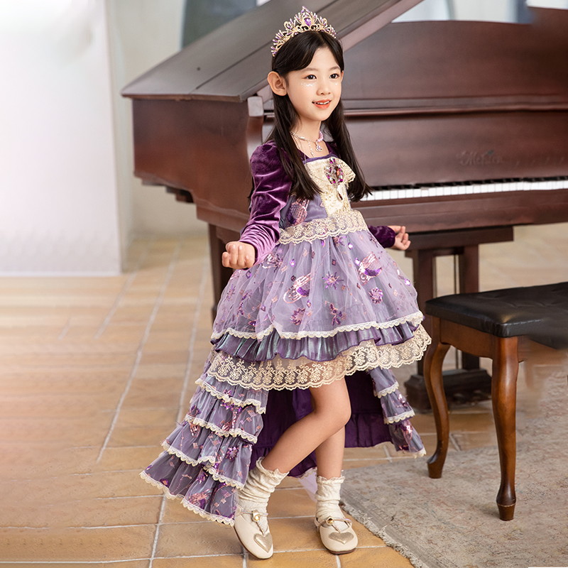 秋冬上新洛丽塔紫色大拖尾紫色星河款连衣裙 100 紫色不加绒