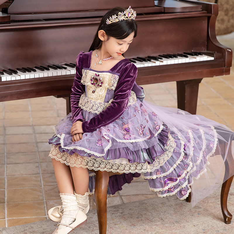 秋冬上新洛丽塔紫色大拖尾紫色星河款连衣裙