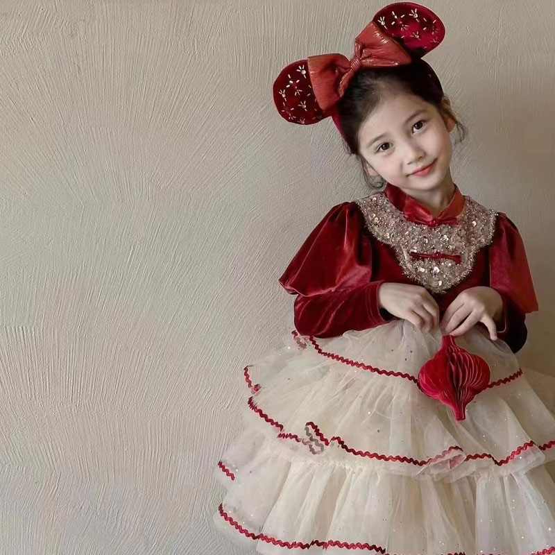 女童红色新年公主裙秋冬款加绒发光裙圣诞旗袍蛋糕裙