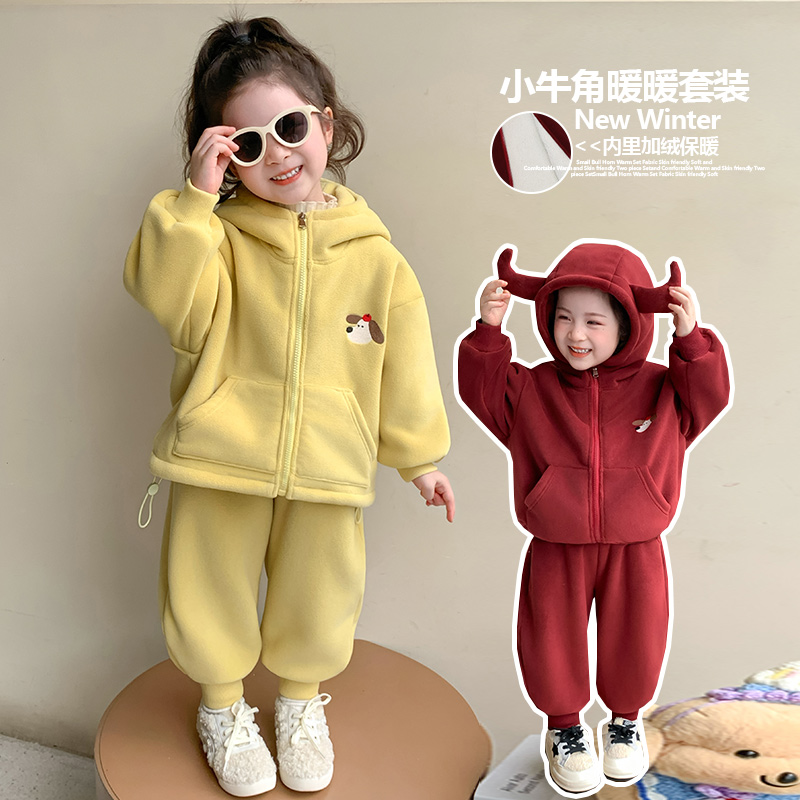 小鹿家&小牛角加绒套装 90cm 酒红色