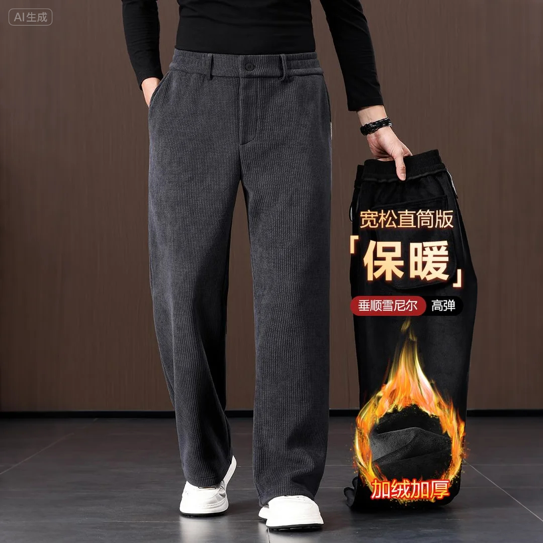 0206同款加绒加厚阔腿裤男宽松大码运动裤男厚款雪尼尔休闲裤冬季 M 深灰色