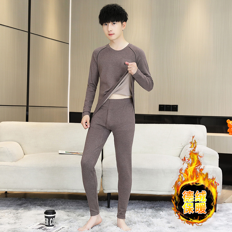 D119新款德绒保暖套装男士双面绒自发热秋衣秋裤 L 咖啡色