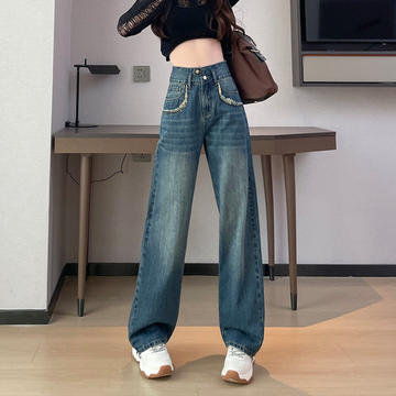 TJ3688宽松高腰垂感百搭阔腿牛仔裤