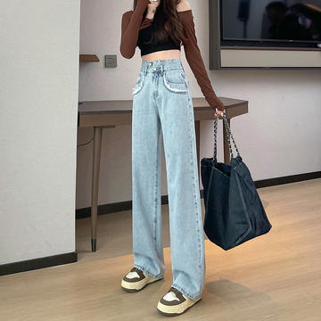 TJ3688宽松高腰垂感百搭阔腿牛仔裤