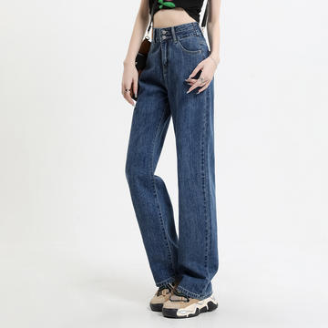 XLD868新款高腰双扣皮牌设计宽松拖地裤牛仔裤