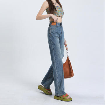 XLD868新款高腰双扣皮牌设计宽松拖地裤牛仔裤