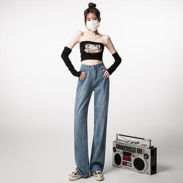 612韩系新款宽松阔腿高腰百搭直筒拖地牛仔裤