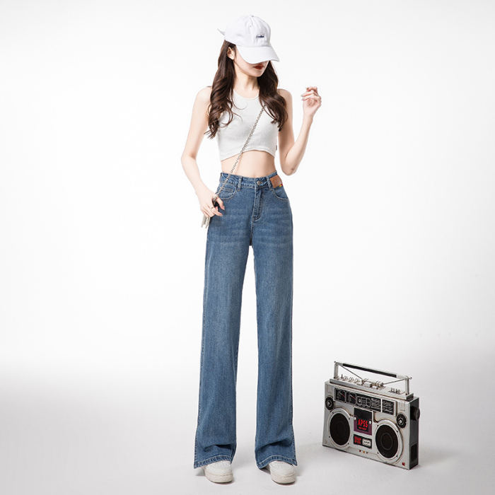 CF860新款热卖高腰显瘦遮胯百搭阔腿直筒裤个性皮牌设计弹力拖地裤