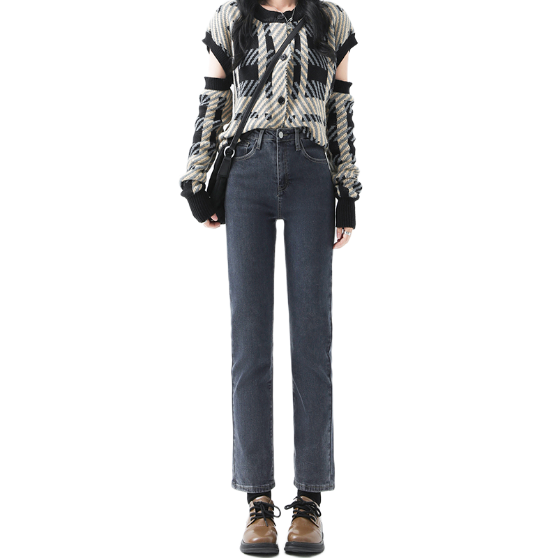 MSLJR1110牛仔裤女新款加厚高腰直筒设计感小众九分法棍烟管裤