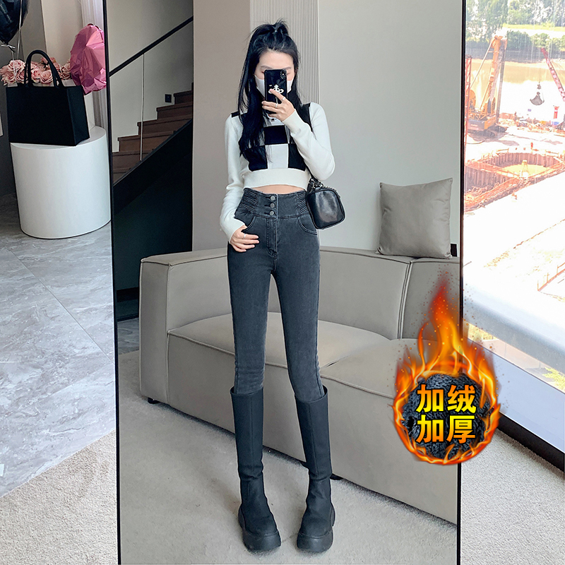 MSLJR5336牛仔裤女新款设计感修身显瘦紧身小脚高腰加绒小脚裤