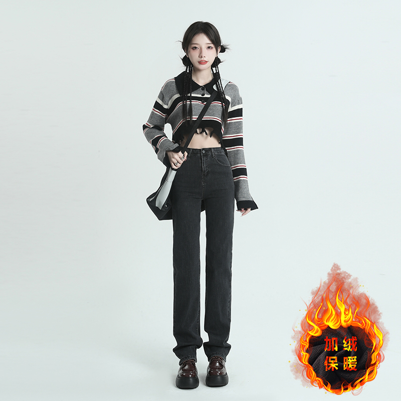 SGGJR1199百搭神裤ins弹力加绒保暖直筒暖绒牛仔裤