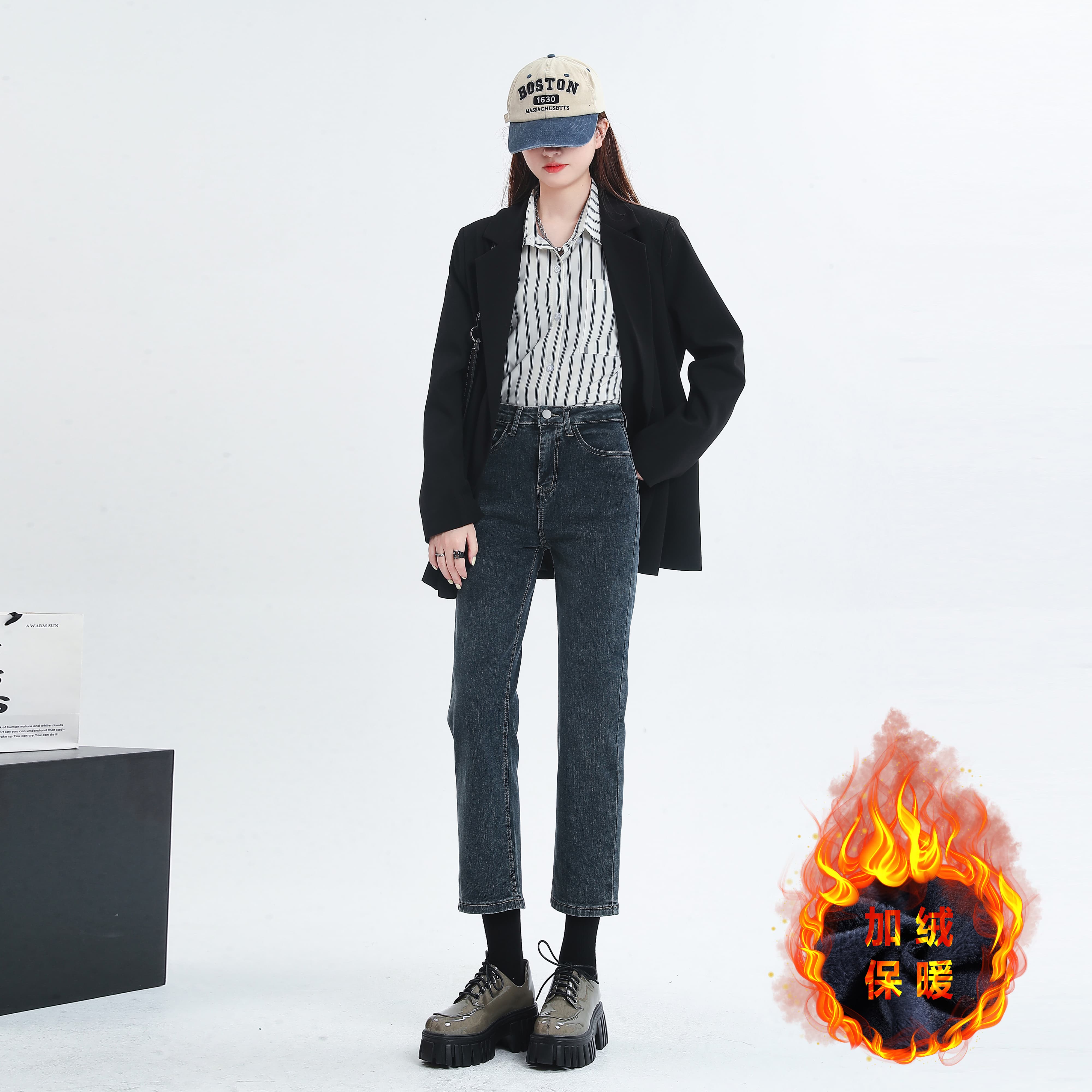 SGGJR2222街头甜心百搭神裤加绒小直筒烟管暖绒牛仔裤 XS 蓝灰色九分