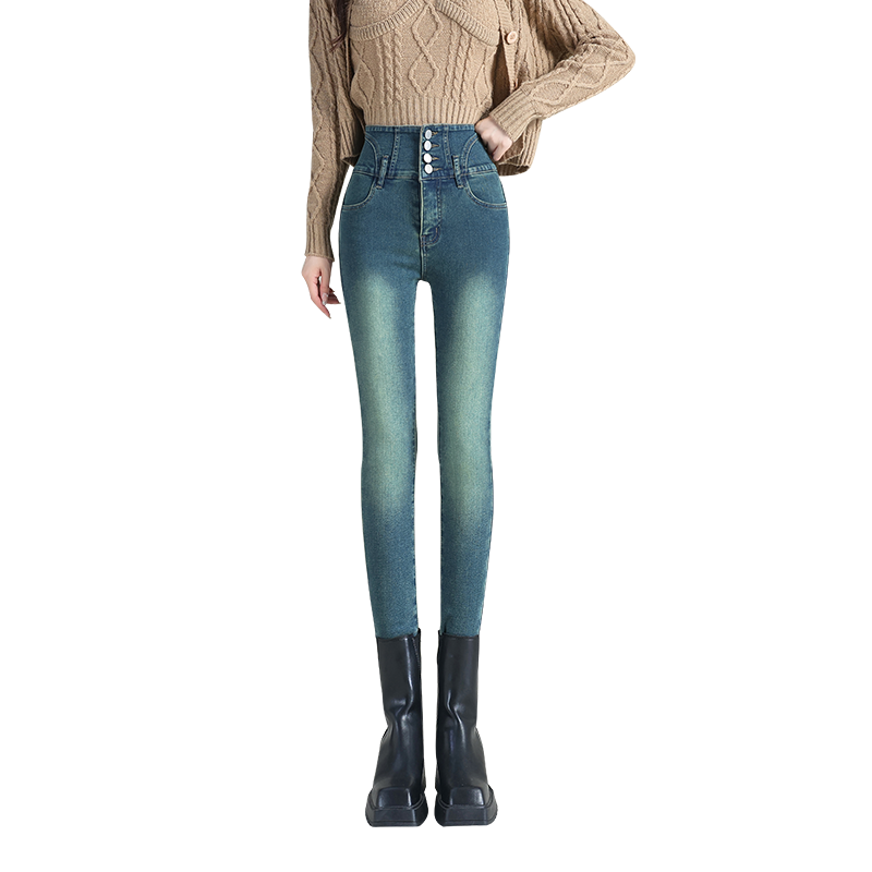 TJD3717高腰显瘦加绒小脚牛仔裤女靴子裤紧身铅笔裤 26 黑色加绒