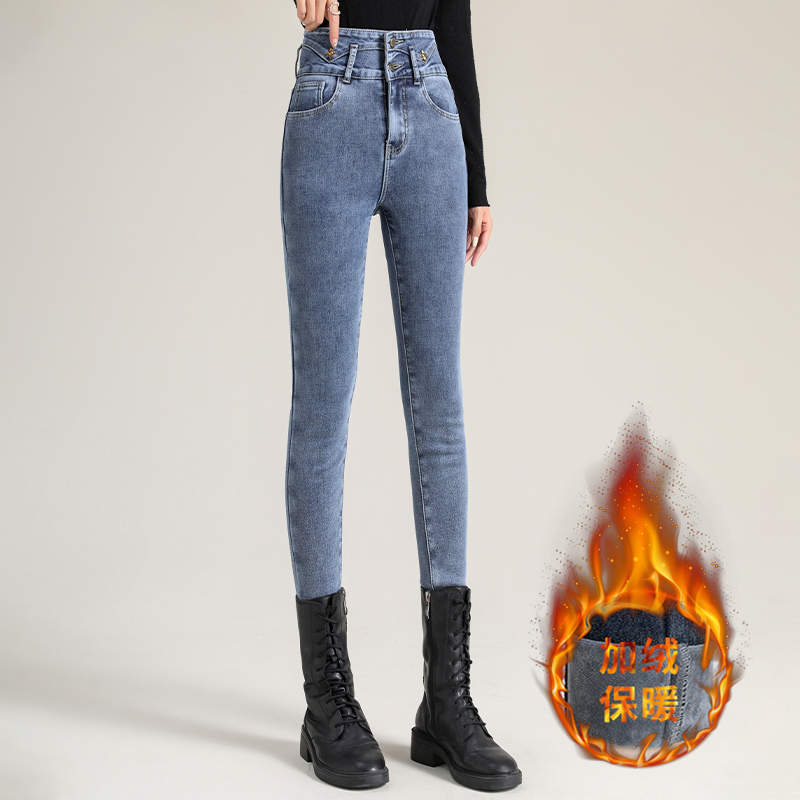 TJD7123高腰牛仔裤女小脚裤秋冬新品加绒修身显瘦显高铅笔紧身裤 25 加绒复古蓝九分