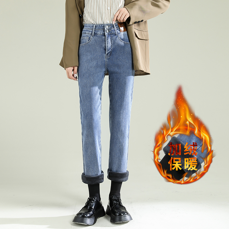 TJJR3320爆款贴牌直筒九分牛仔裤修身显瘦宽松高腰潮ins烟管裤 XS 加绒黑色长裤
