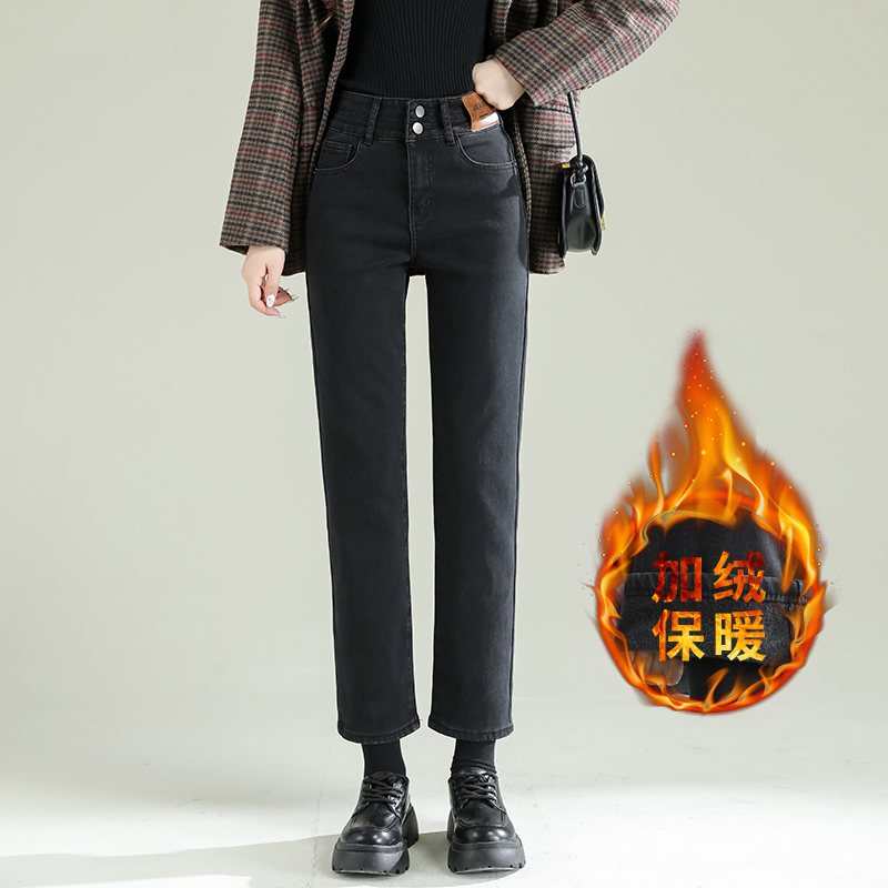 TJJR3320爆款贴牌直筒九分牛仔裤修身显瘦宽松高腰潮ins烟管裤 XS 加绒黑色长裤