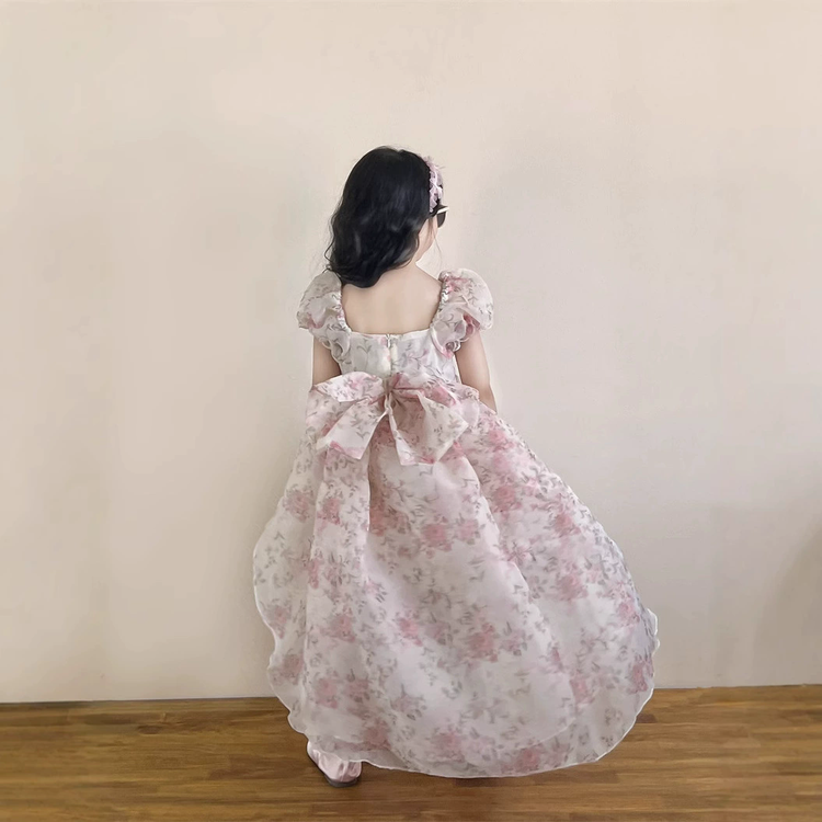 金童城堡&碎花大蝴蝶结拖尾连衣裙 90cm 如图色