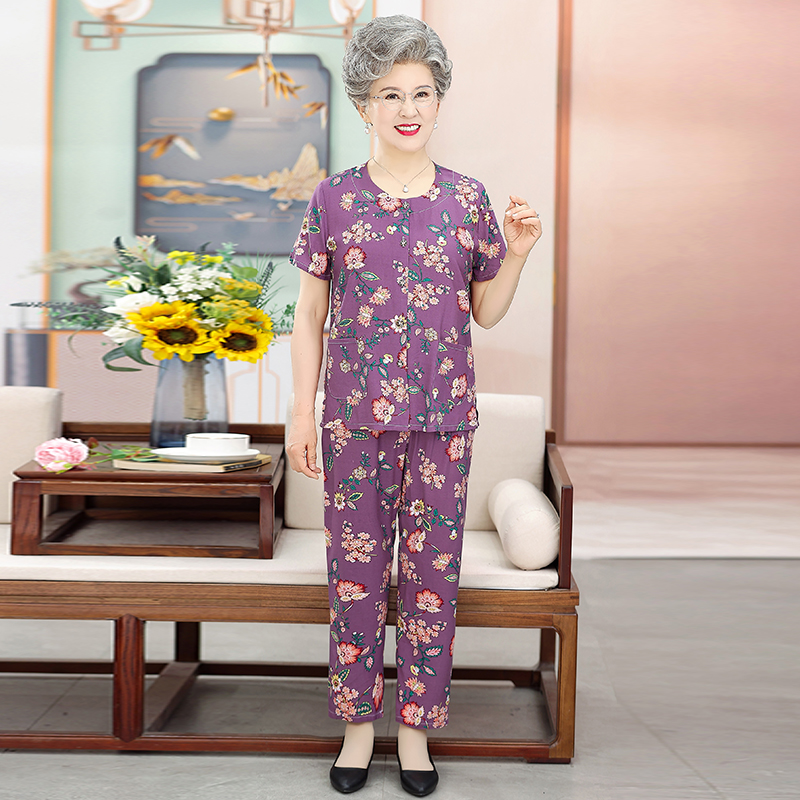 棉绸短袖长裤开衫套装-2305 XL 紫色花朵
