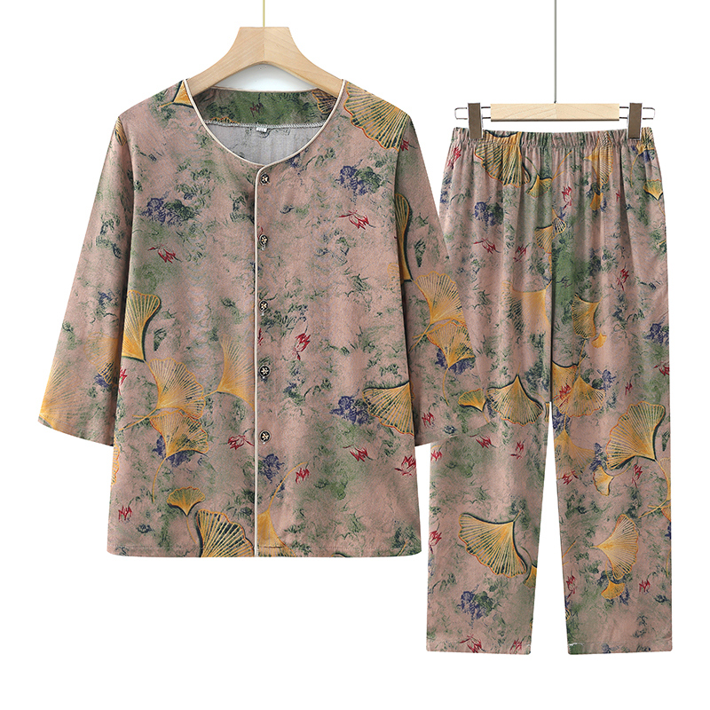 906新款舒适休闲包边棉绸奶奶套装-白底挂拍图 XL 黄色套装