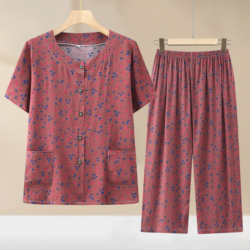 903新款舒适休闲棉绸奶奶款套装-白底挂拍图 XL 橙色套装