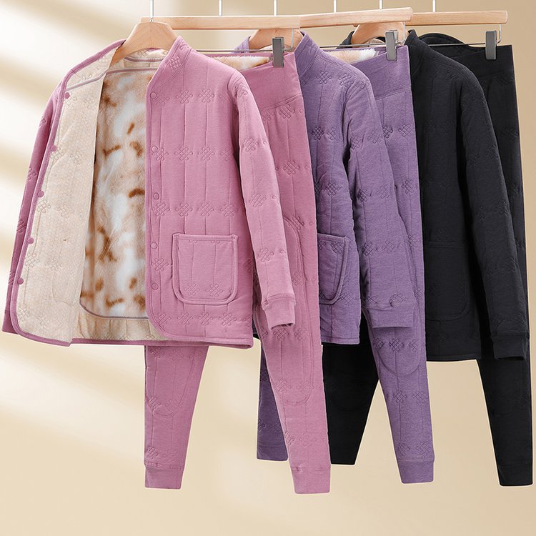 中老年女士冬季保暖套装棉衣外套与裤子加厚设计大码女装舒适居家服 2XL 紫色