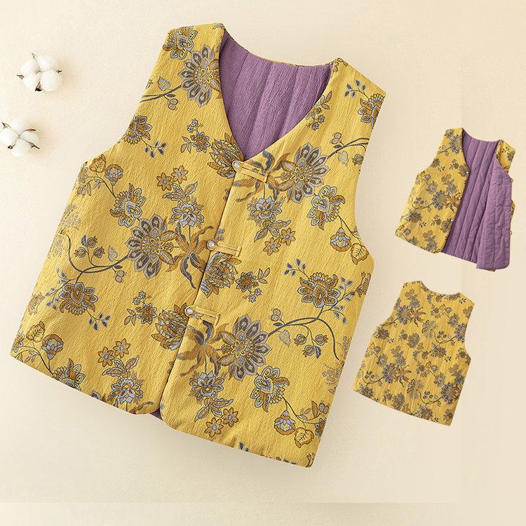 中老年女士春秋款复古花卉图案双面穿加厚保暖马甲大码内搭背心 XL 金底海棠