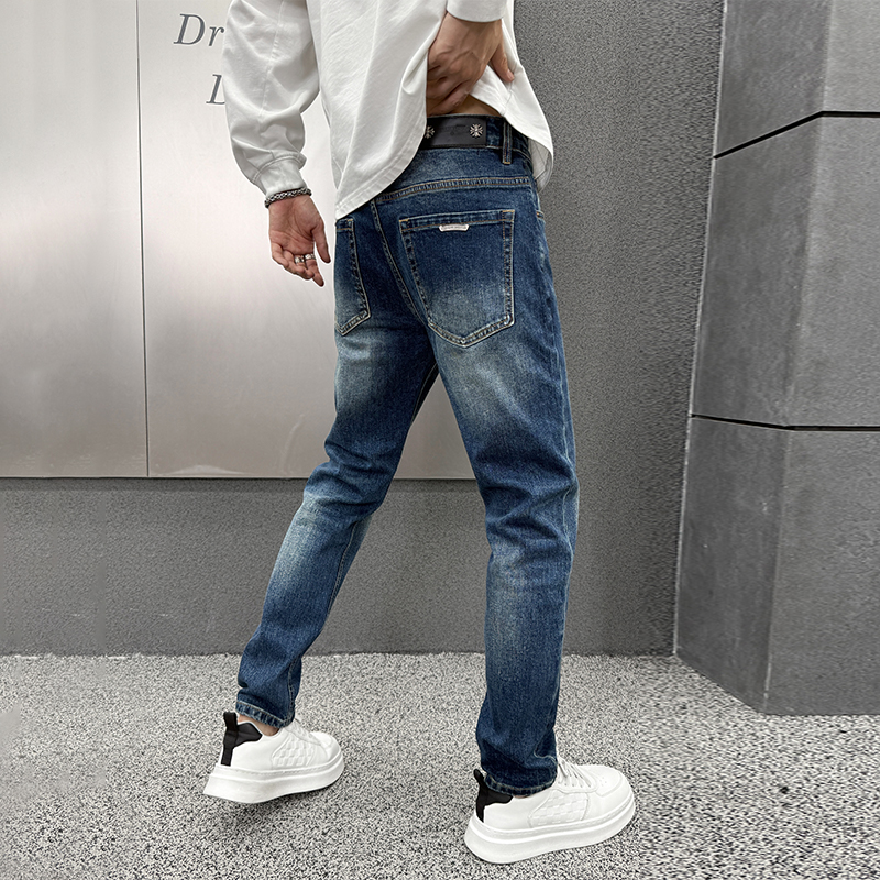 2025年秋冬新款深蓝色高端印花牛仔裤男士秋季宽松直筒裤休闲长裤