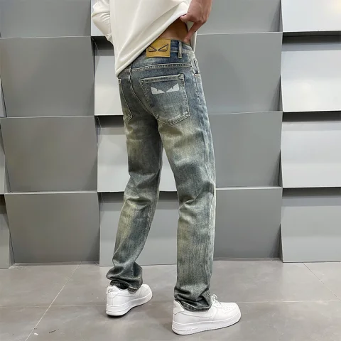 2025年秋冬新款复古蓝高端印花牛仔裤男士秋季宽松直筒裤休闲长裤 28 复古蓝