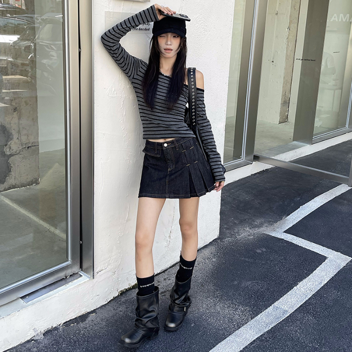 Mike&米白色牛仔百褶裙女2025早秋新款设计感弹力学院风A字短裙 XS 黑金色