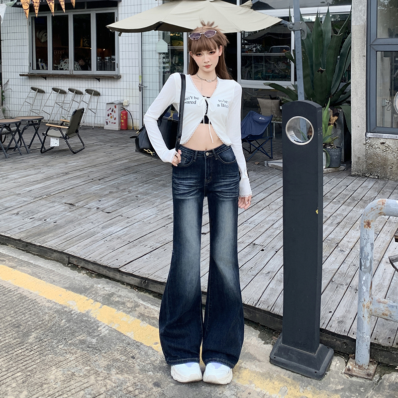 点赞8340#深蓝高腰微喇牛仔裤女美式不贴腿弹力辣妹直筒喇叭裤