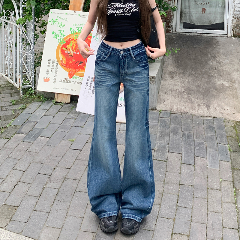 点赞166#高光蓝美式复古低腰微喇宽松直筒牛仔裤女显瘦拖地阔腿裤