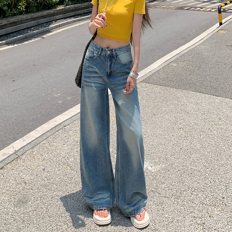 点赞0166#美式复古水洗折痕阔腿牛仔裤女高腰宽松垂感拖地直筒裤1