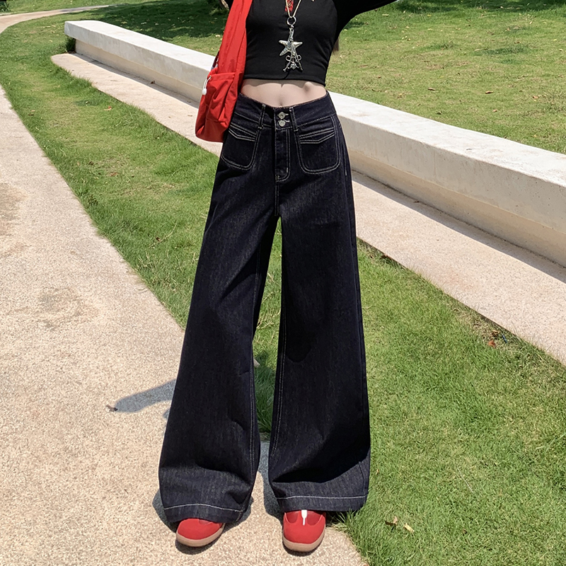 点赞71824#丹宁色美式阔腿牛仔裤女新款高腰显瘦设计感百搭拖地裤