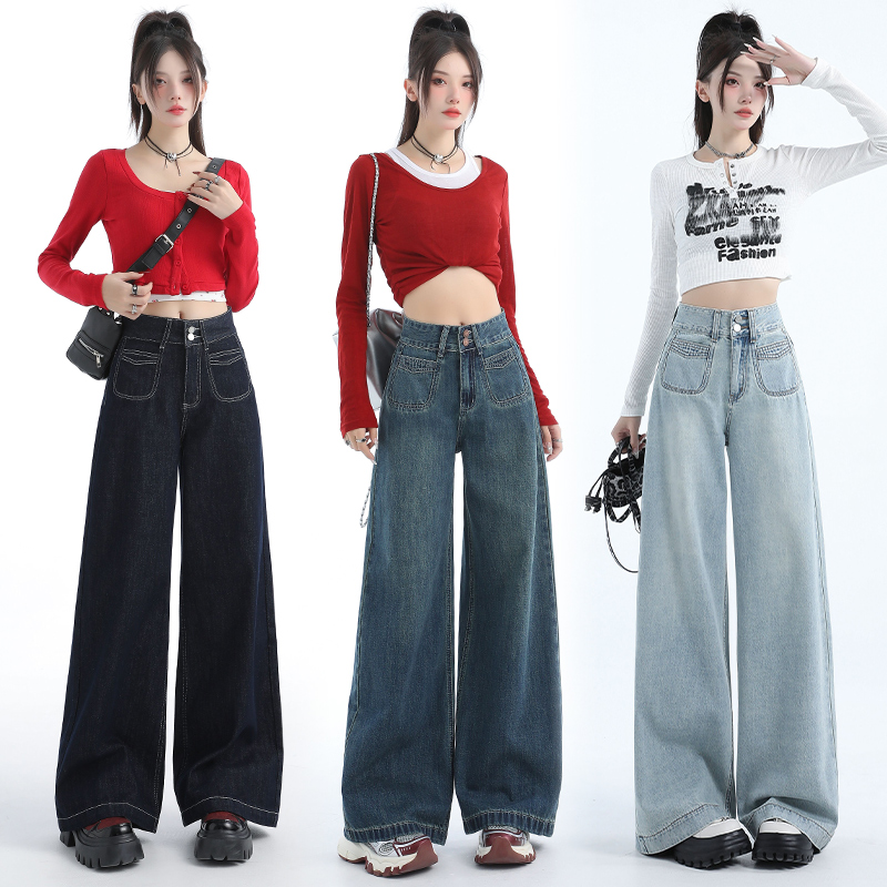 点赞71824#丹宁色复古高腰牛仔裤女新款休闲百搭宽松直筒阔腿长裤 XS 丹宁色长裤
