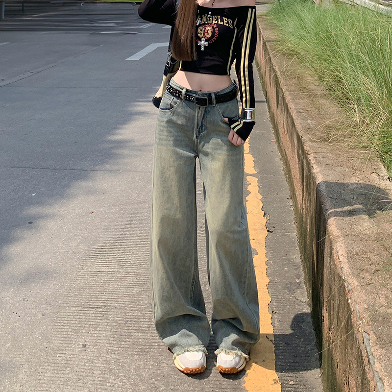 点赞K467#美式复古水洗宽松做旧阔腿牛仔裤女新款高腰直筒毛边