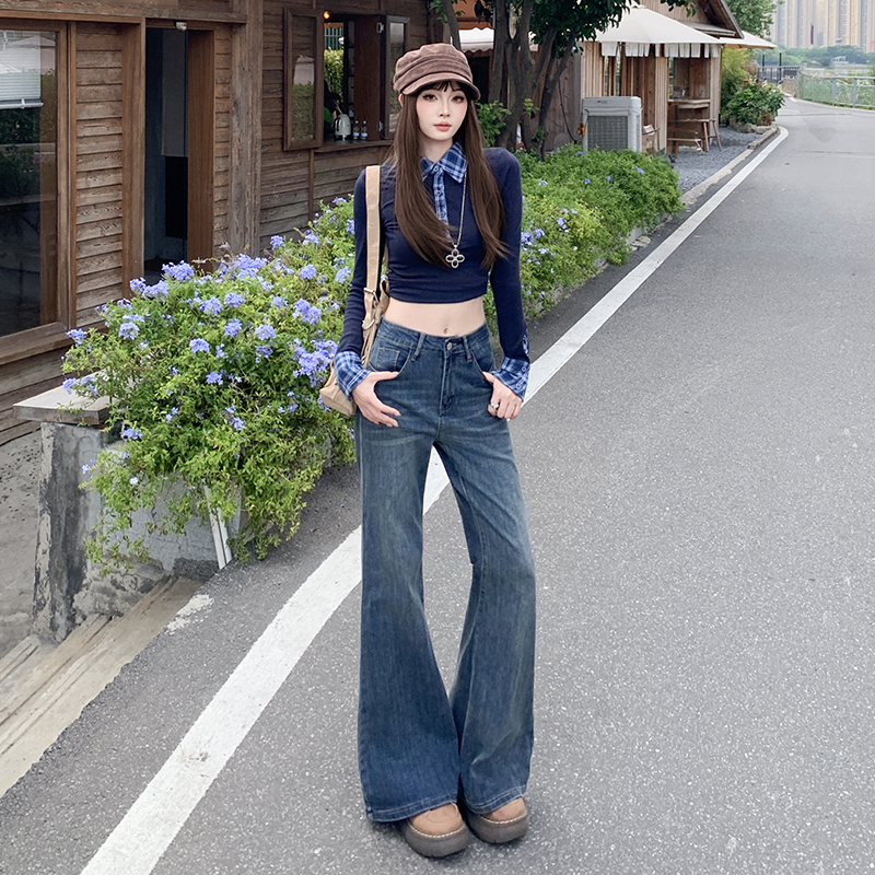 点赞7116#深蓝微喇牛仔裤女新款美式复古不贴腿弹力马蹄喇叭裤子1