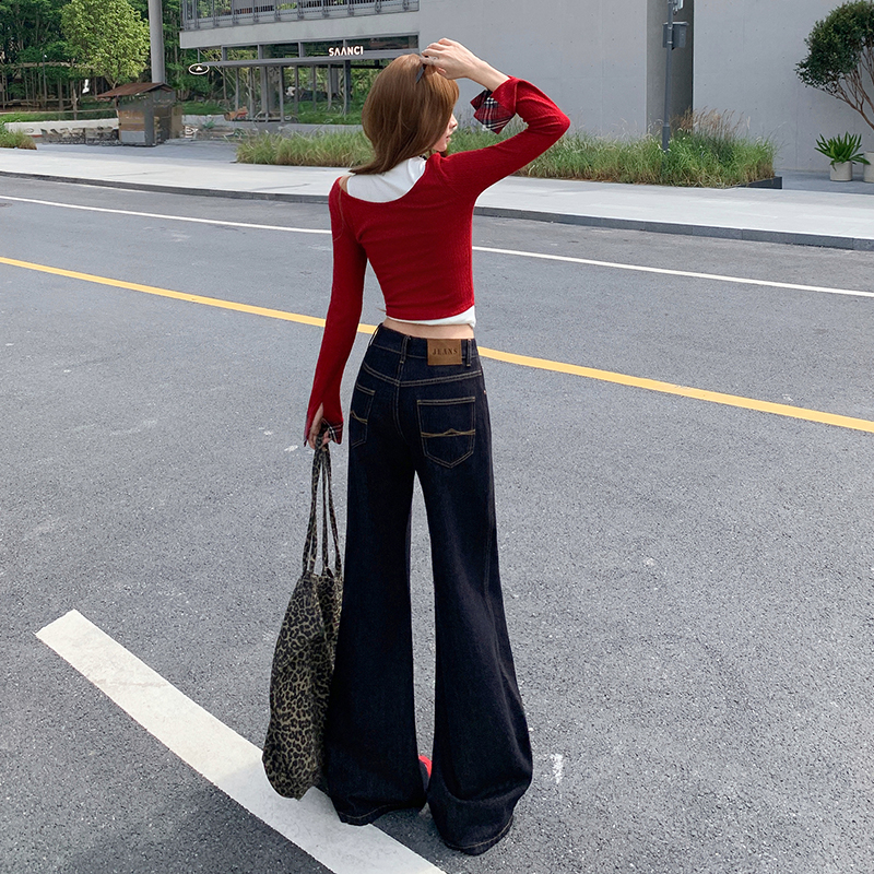 点赞6313#美式丹宁色微喇牛仔裤女深蓝色不贴腿休闲直筒喇叭裤1