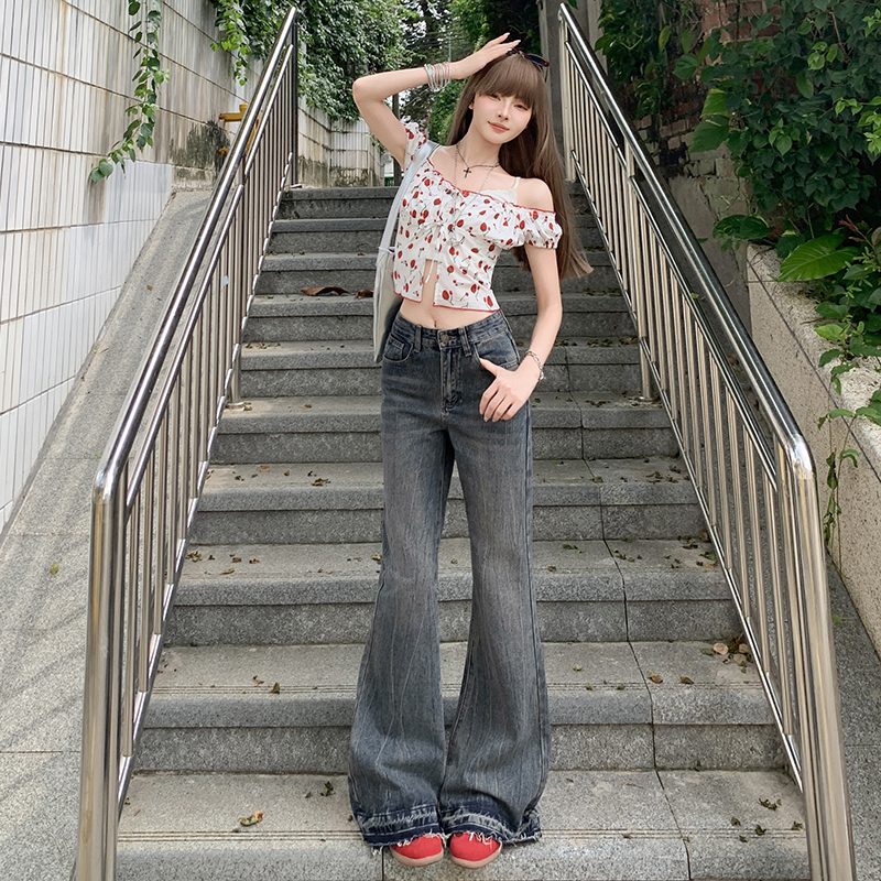 点赞937#美式复古微喇牛仔裤女新款马蹄裤高腰宽松显瘦修身喇叭裤 XS 复古蓝九分